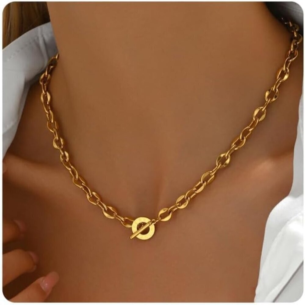 🆕 Women Gold Pendant Toggle Necklace Trendy 18K Thick Cuban Curb Chain Jewelry